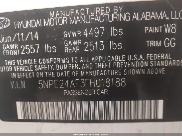 5NPE24AF3FH018188 Hyundai SONATA SE