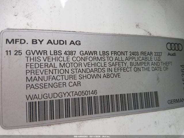 Aukcja sprzedaży 2026 Audi A3 Premium 40 Tfsi Quattro S Tronic/premium Plus 40 Tfsi Quattro S Tronic, vin: WAUGUDGYXTA050146, numer aukcji: 44565383