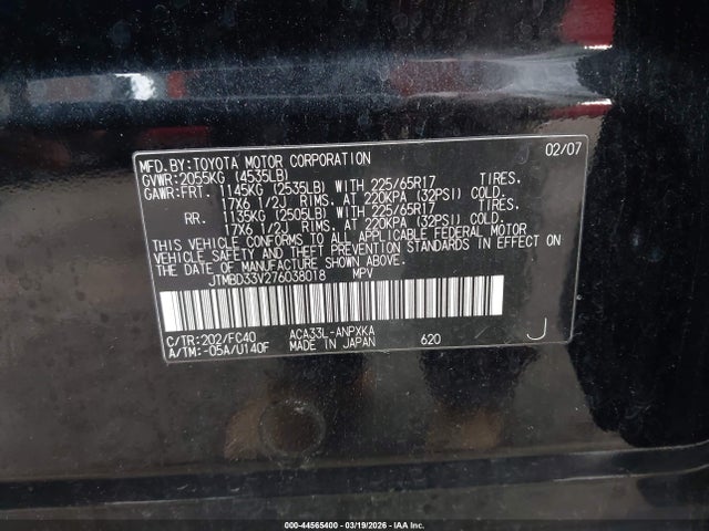 Aukcja sprzedaży 2007 Toyota Rav4, vin: JTMBD33V276038018, numer aukcji: 44565400
