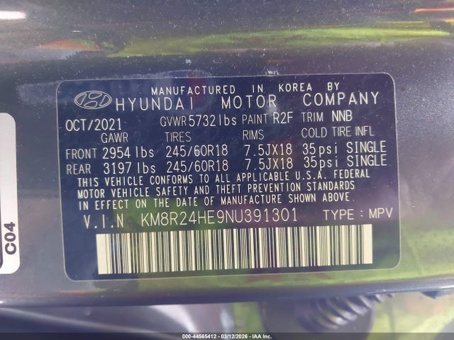 KM8R24HE9NU391301 Hyundai Palisade Sel
