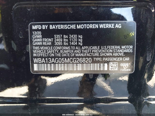 44565422 :رقم المزاد ، WBA13AG05MCG26820 vin ، 2021 Bmw 530e مزاد بيع