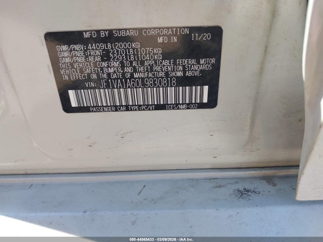2020 Subaru Wrx მანქანა იყიდება აუქციონზე, vin: JF1VA1A60L9830818, აუქციონის ნომერი: 44565433