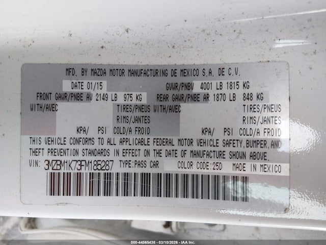 44565438 :رقم المزاد ، 3MZBM1K73FM185287 vin ، 2015 Mazda Mazda3 I Sport مزاد بيع