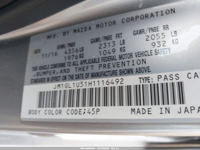 44565443 :رقم المزاد ، JM1GL1U51H1116492 vin ، 2017 Mazda Mazda6 Sport مزاد بيع