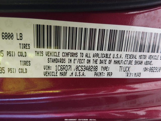 44565457 :رقم المزاد ، 1C6RD7LT0CS340288 vin ، 2012 Ram 1500 Slt مزاد بيع