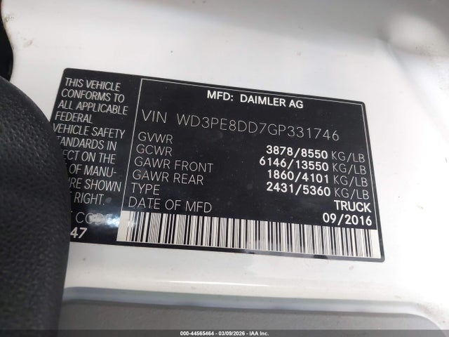 Aukcja sprzedaży 2016 Mercedes-benz Sprinter 2500 High Roof, vin: WD3PE8DD7GP331746, numer aukcji: 44565464