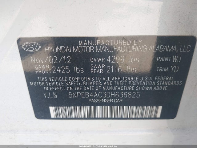 Продаж на аукціоні авто 2013 Hyundai Sonata Gls, vin: 5NPEB4AC3DH636825, номер лоту: 44565517