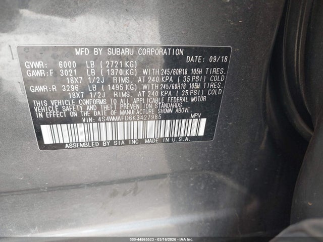 Продажа на аукционе авто 2019 Subaru Ascent Premium, vin: 4S4WMAFD6K3427985, номер лота: 44565523