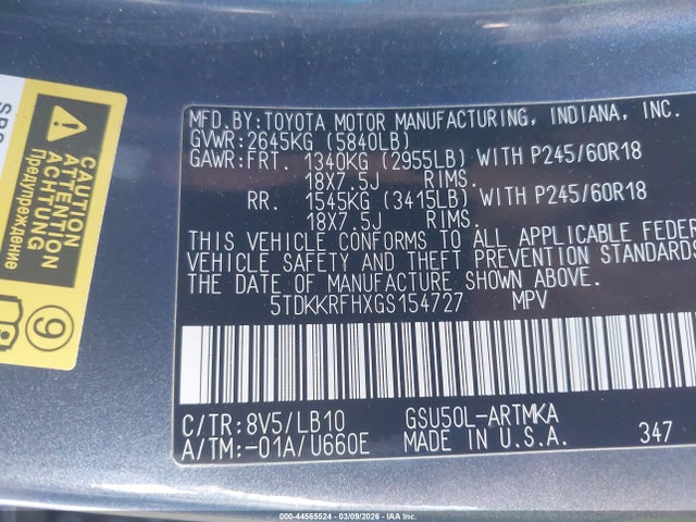5TDKKRFHXGS154727 Toyota Highlander Xle V6