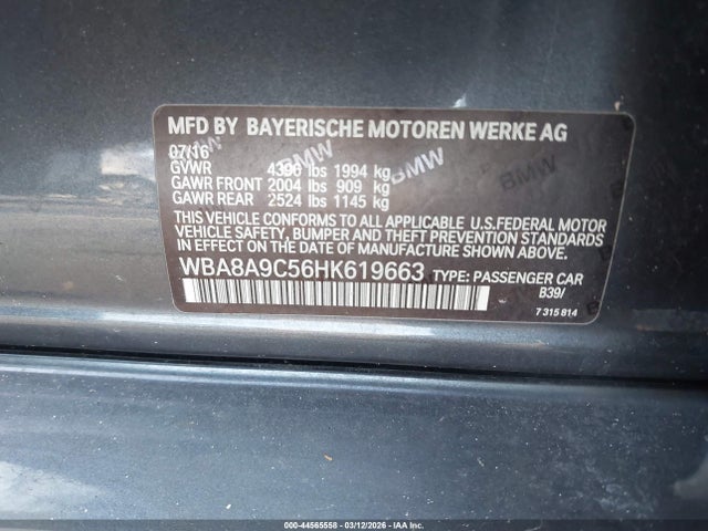 44565558 :رقم المزاد ، WBA8A9C56HK619663 vin ، 2017 Bmw 320i مزاد بيع