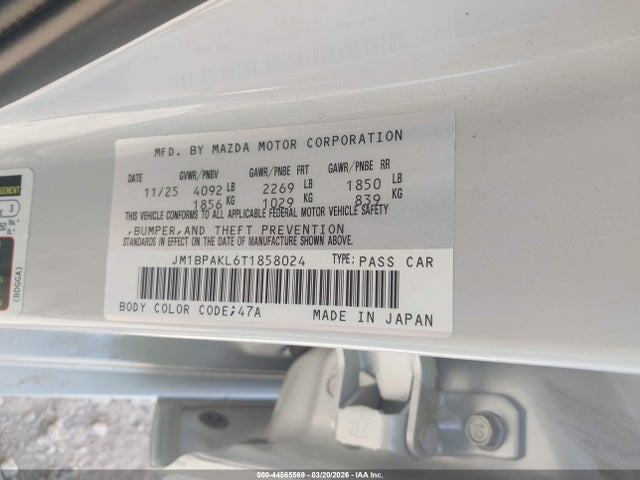 2026 Mazda Mazda3 2.5 S Select Sport მანქანა იყიდება აუქციონზე, vin: JM1BPAKL6T1858024, აუქციონის ნომერი: 44565569