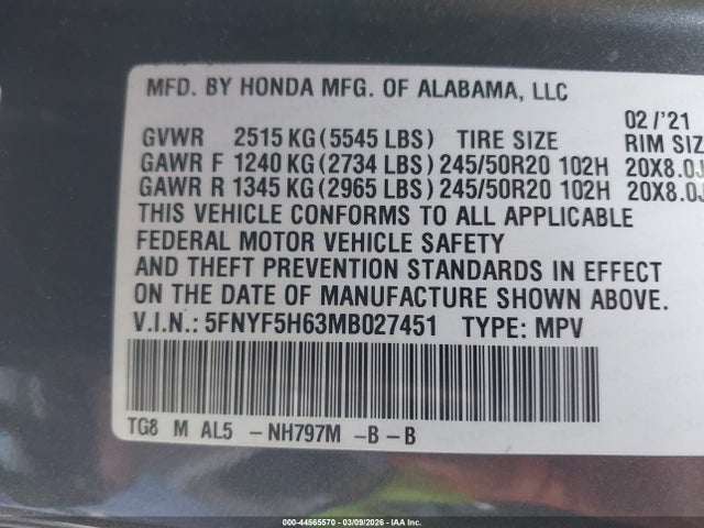 Honda Pilot 2wd Touring 7 Passenger 2021 5FNYF5H63MB027451 Image 9