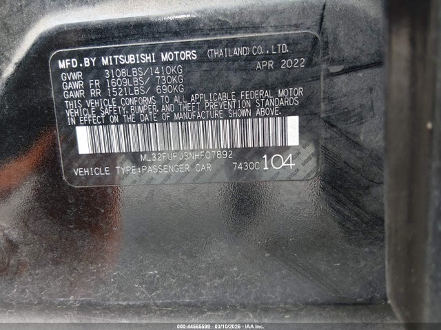 2022 Mitsubishi Mirage G4 Es მანქანა იყიდება აუქციონზე, vin: ML32FUFJ3NHF07892, აუქციონის ნომერი: 44565599