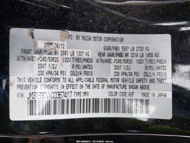 2012 Mazda Cx-9 Grand Touring მანქანა იყიდება აუქციონზე, vin: JM3TB3DVXC0367417, აუქციონის ნომერი: 44565613