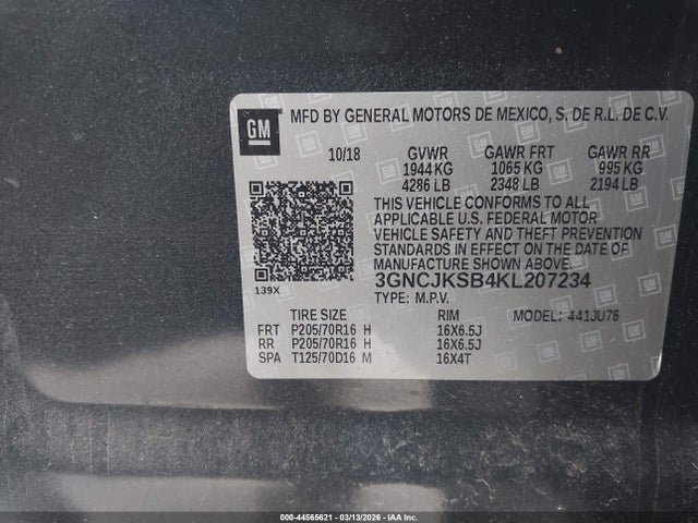 44565621 :رقم المزاد ، 3GNCJKSB4KL207234 vin ، 2019 Chevrolet Trax Ls مزاد بيع
