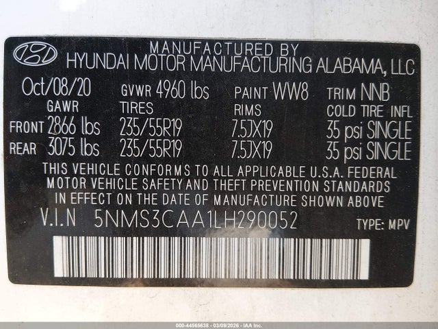 44565638 :رقم المزاد ، 5NMS3CAA1LH290052 vin ، 2020 Hyundai Santa Fe Sel 2.0t مزاد بيع