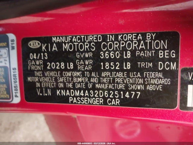 Aukcja sprzedaży 2013 Kia Rio Lx, vin: KNADM4A32D6251477, numer aukcji: 44565683