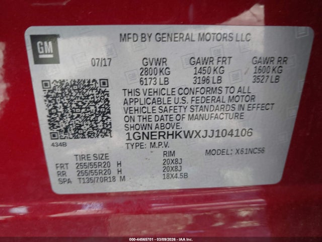 1GNERHKWXJJ104106 Chevrolet Traverse 3lt