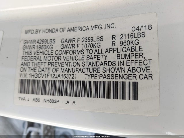 Honda ACCORD LX 2018 1HGCV1F12JA163721 Image 9