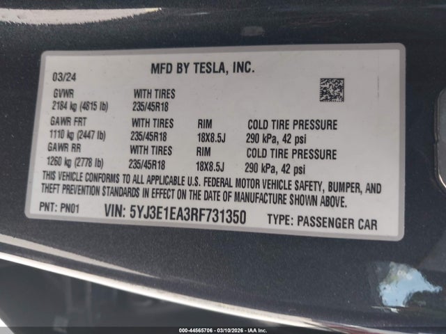 Aukcja sprzedaży 2024 Tesla Model 3 Long Range Dual Motor All-wheel Drive/rear-wheel Drive, vin: 5YJ3E1EA3RF731350, numer aukcji: 44565706