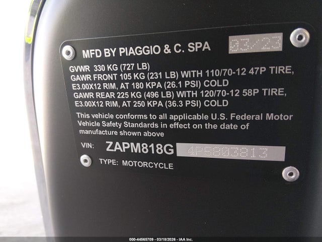 Aukcja sprzedaży 2023 Vespa Primavera/sprint 150, vin: ZAPM818G4P5803813, numer aukcji: 44565709