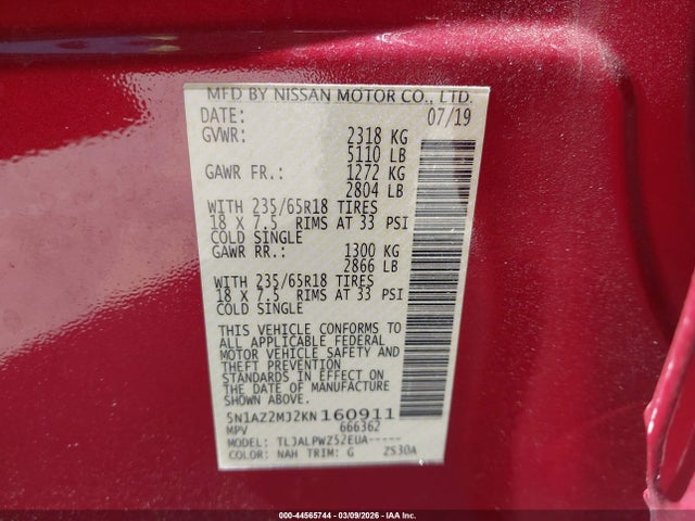 Nissan MURANO S 2019 5N1AZ2MJ2KN160911 Image 9