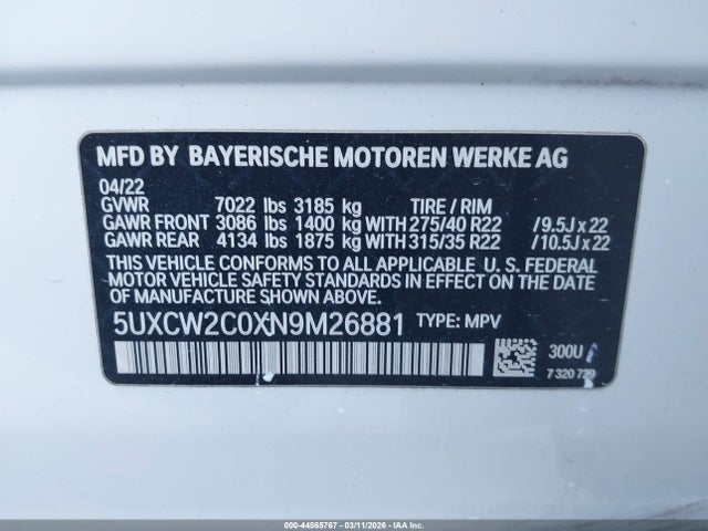 Aukcja sprzedaży 2022 Bmw X7 Xdrive40i, vin: 5UXCW2C0XN9M26881, numer aukcji: 44565767