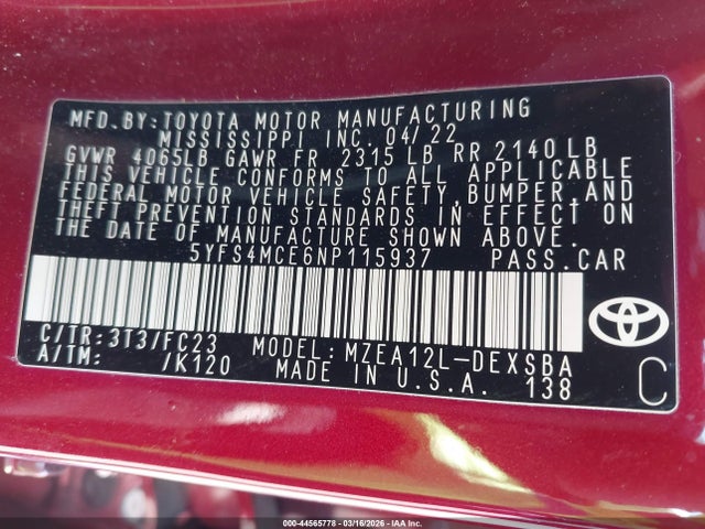 2022 TOYOTA COROLLA 5YFS4MCE6NP115937 Photo 8