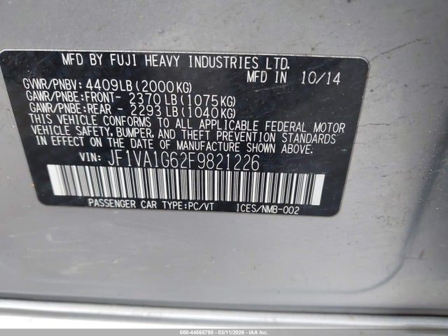 44565795 :رقم المزاد ، JF1VA1G62F9821226 vin ، 2015 Subaru Wrx Limited مزاد بيع