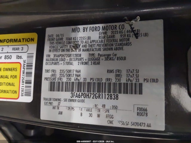 Aukcja sprzedaży 2016 Ford Fusion Se, vin: 3FA6P0H72GR112838, numer aukcji: 44565807