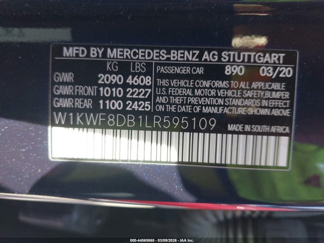 44565868 :رقم المزاد ، W1KWF8DB1LR595109 vin ، 2020 Mercedes-benz C 300 مزاد بيع