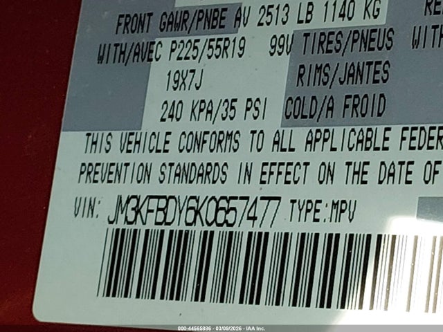 44565886 :رقم المزاد ، JM3KFBDY6K0657477 vin ، 2019 Mazda Cx-5 Grand Touring Reserve مزاد بيع