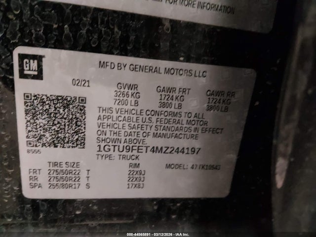 44565891 :رقم المزاد ، 1GTU9FET4MZ244197 vin ، 2021 Gmc Sierra 1500 4wd  Short Box Denali مزاد بيع