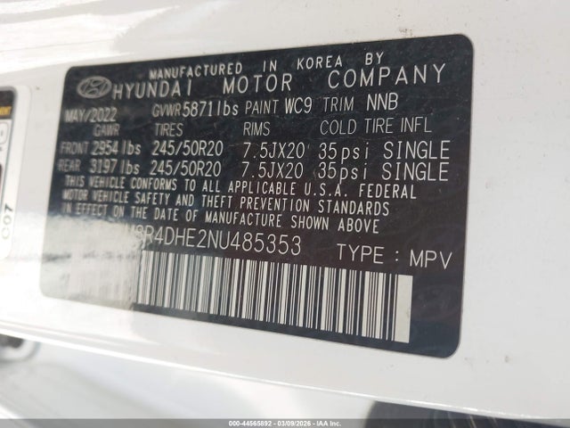 2022 Hyundai Palisade Sel მანქანა იყიდება აუქციონზე, vin: KM8R4DHE2NU485353, აუქციონის ნომერი: 44565892