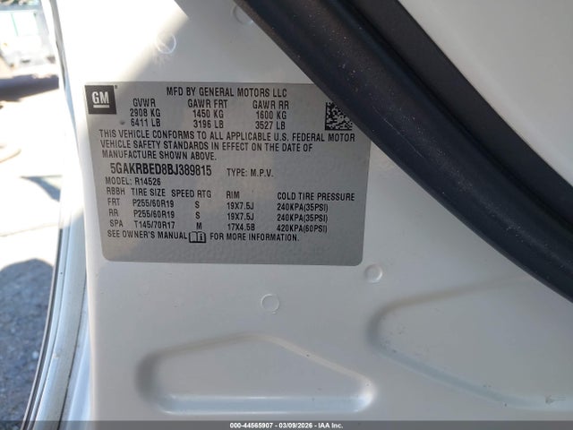 44565907 :رقم المزاد ، 5GAKRBED8BJ389815 vin ، 2011 Buick Enclave 1xl مزاد بيع