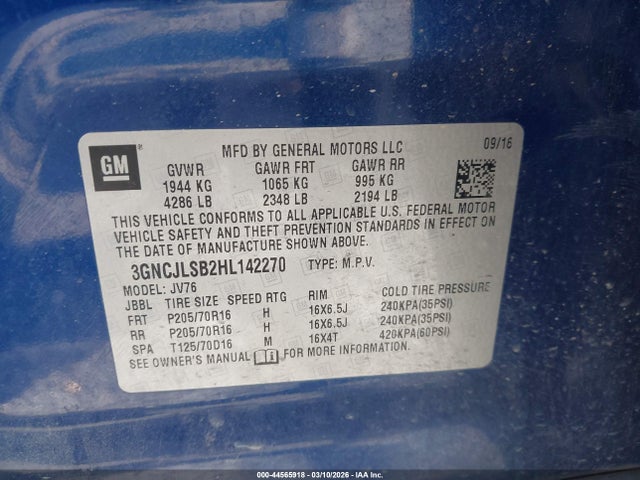 Продаж на аукціоні авто 2017 Chevrolet Trax Lt, vin: 3GNCJLSB2HL142270, номер лоту: 44565918