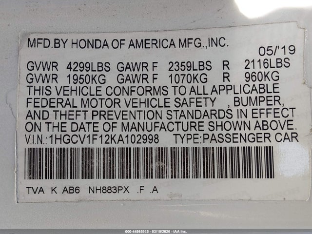 1HGCV1F12KA102998 Honda ACCORD LX