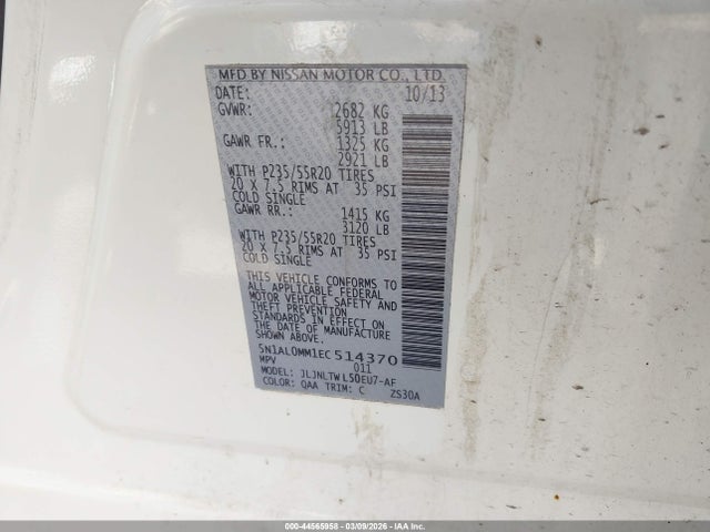 2014 Infiniti Qx60 მანქანა იყიდება აუქციონზე, vin: 5N1AL0MM1EC514370, აუქციონის ნომერი: 44565958