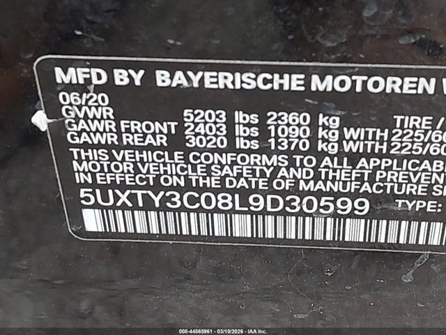Aukcja sprzedaży 2020 Bmw X3 Sdrive30i, vin: 5UXTY3C08L9D30599, numer aukcji: 44565961