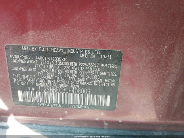 Продаж на аукціоні авто 2012 Subaru Forester 2.5x Limited, vin: JF2SHBEC8CH408009, номер лоту: 44565985