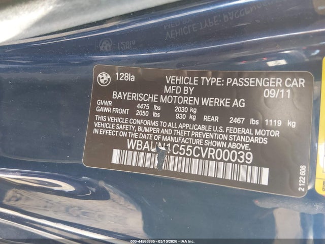 Продаж на аукціоні авто 2012 Bmw 128i, vin: WBAUN1C55CVR00039, номер лоту: 44565995