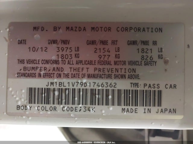 2013 Mazda Mazda3 I Touring მანქანა იყიდება აუქციონზე, vin: JM1BL1V79D1746362, აუქციონის ნომერი: 44566004