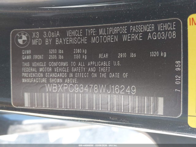 Aukcja sprzedaży 2008 Bmw X3 3.0si, vin: WBXPC93478WJ16249, numer aukcji: 44566088