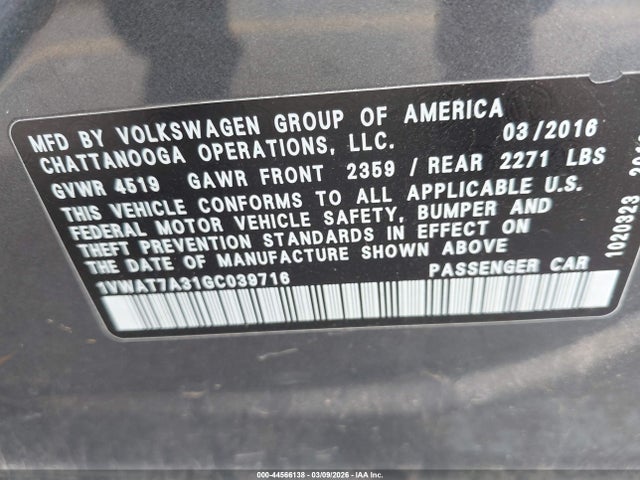 Продажа на аукционе авто 2016 Volkswagen Passat 1.8t R-line, vin: 1VWAT7A31GC039716, номер лота: 44566138