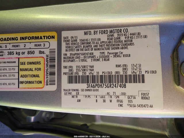 Ford FUSION SE 2016 3FA6P0H75GR247408 Image 9