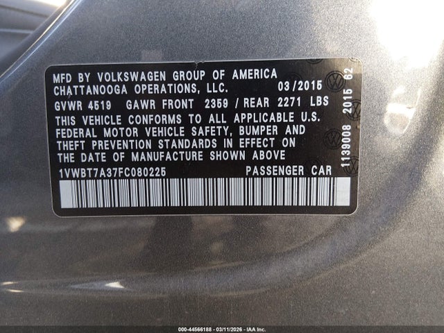 1VWBT7A37FC080225 Volkswagen Passat 1.8t Se