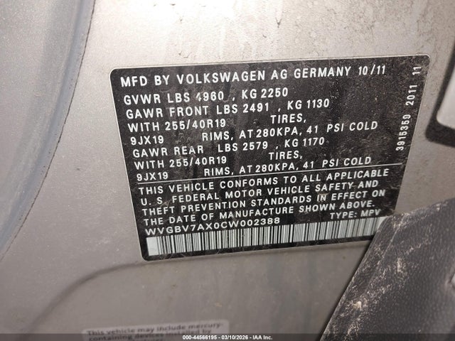 2012 VOLKSWAGEN TIGUAN WVGBV7AX0CW002388 Photo 8
