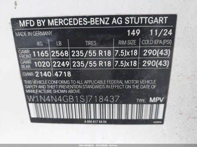 44566222 :رقم المزاد ، W1N4N4GB1SJ718437 vin ، 2025 Mercedes-benz Gla 250 4matic مزاد بيع