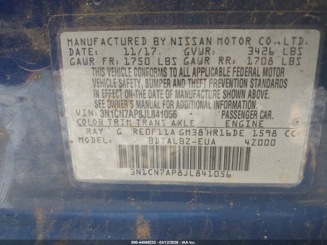 3N1CN7AP8JL841056 Nissan Versa 1.6 Sv