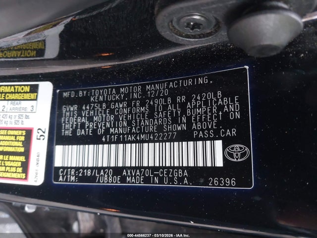 4T1F11AK4MU422277 Toyota CAMRY XLE